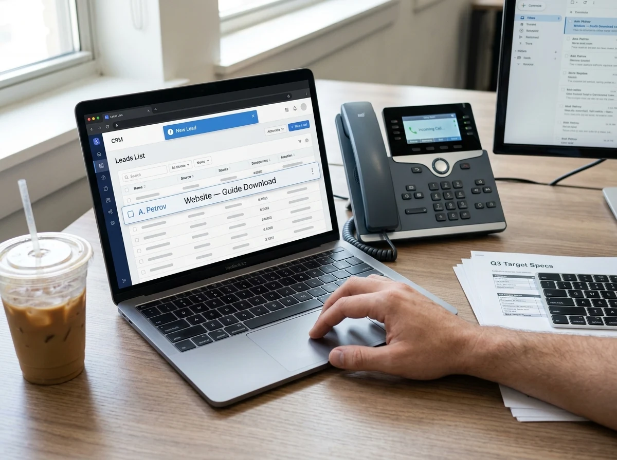 A hand mid-click on a laptop showing a lead-capture dashboard, with a modern desk phone showing an incoming call
