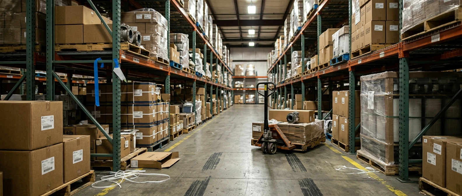 Distribution warehouse aisle with loaded pallet racking and an unoccupied pallet jack under working-shift lighting