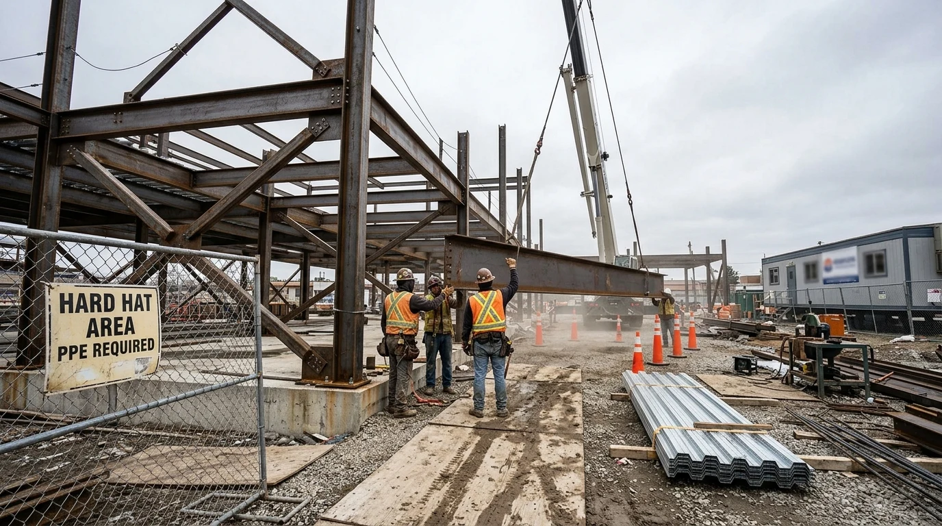 Ironworkers guiding a steel beam into place during an active structural installation on a commercial construction site