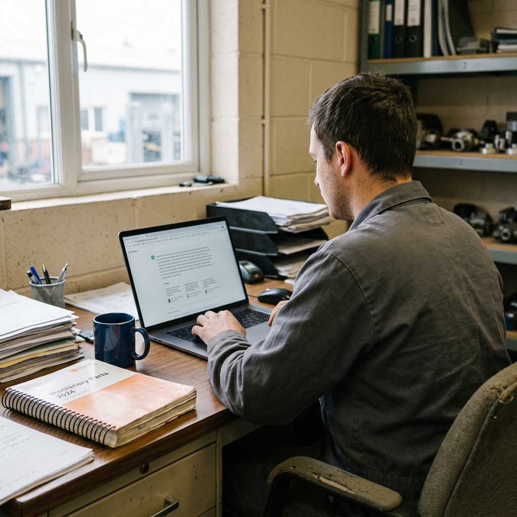 A technical buyer at a cluttered desk looking at an AI chat answer with a source citation on their laptop screen