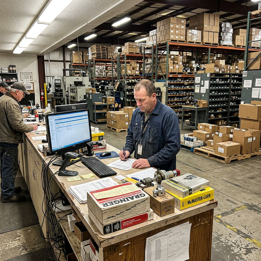 Sales counter inside an industrial distributor's warehouse, order tickets and parts catalogs on the desk, pallets of boxed components racked behind