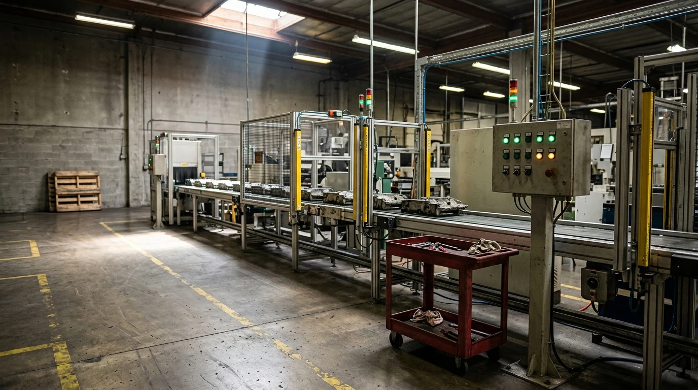 Industrial production line mid-run with real factory lighting and floor wear
